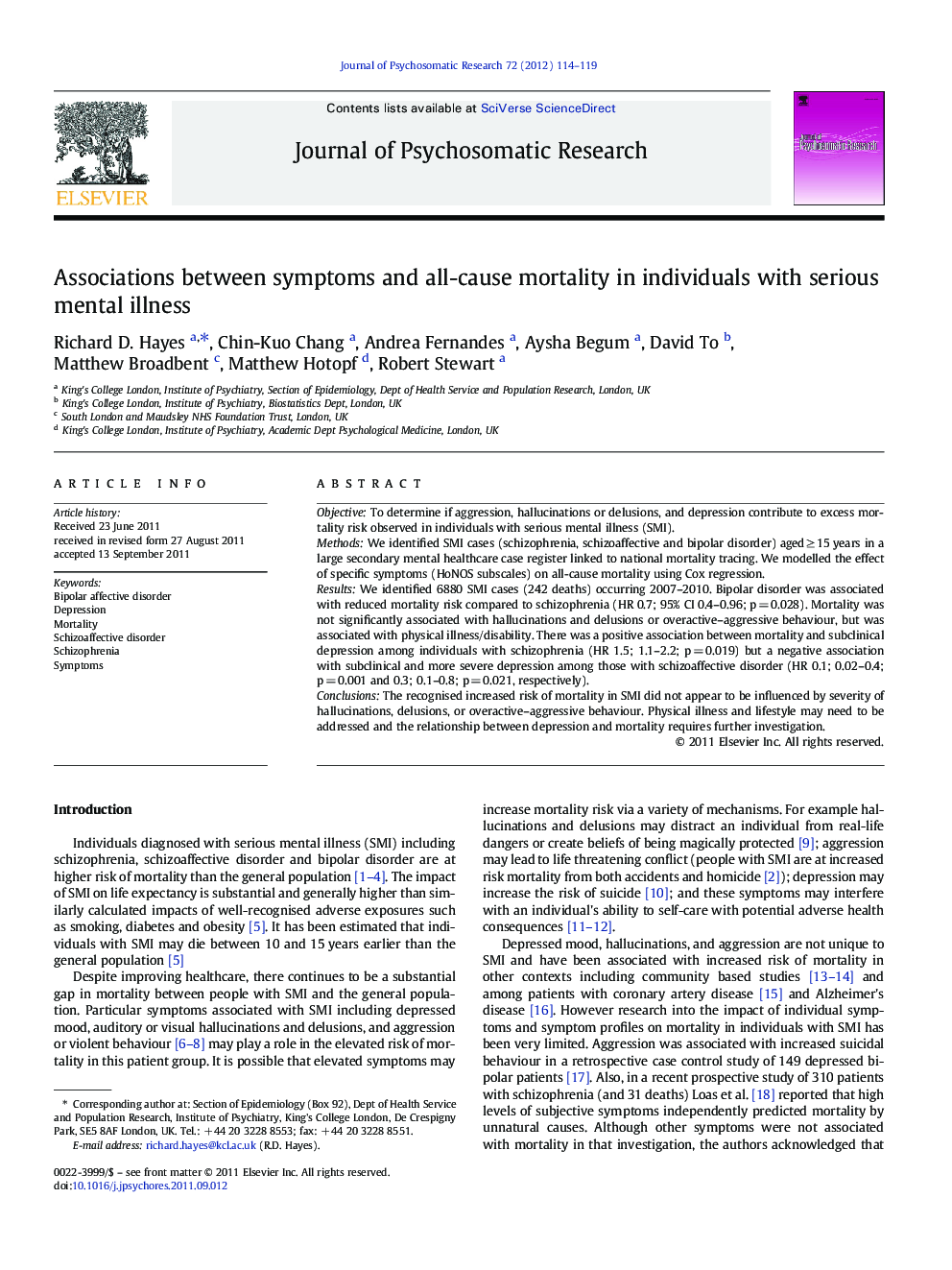 Associations between symptoms and all-cause mortality in individuals with serious mental illness