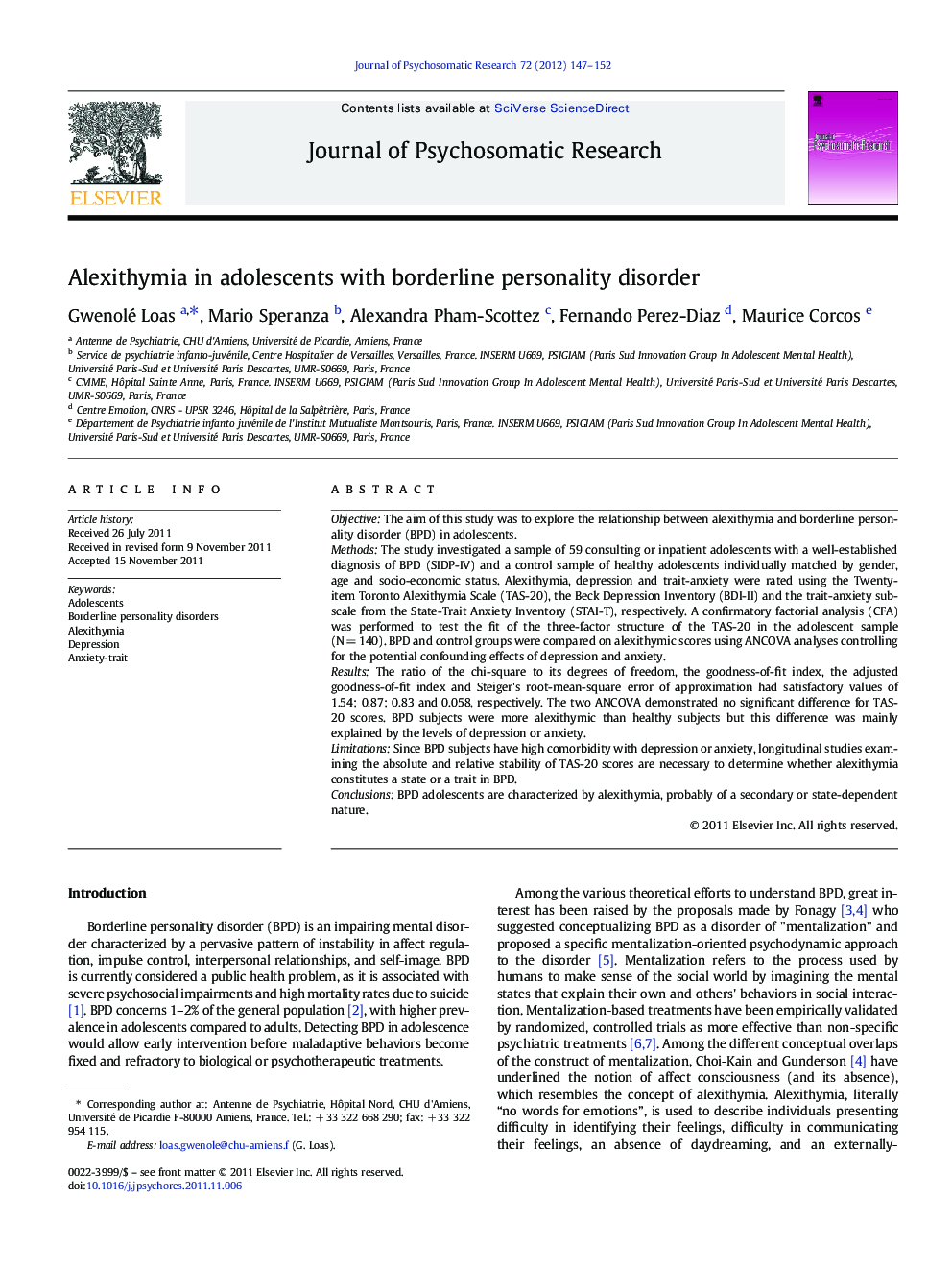 Alexithymia in adolescents with borderline personality disorder