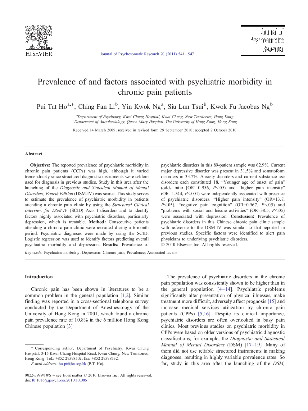 Prevalence of and factors associated with psychiatric morbidity in chronic pain patients