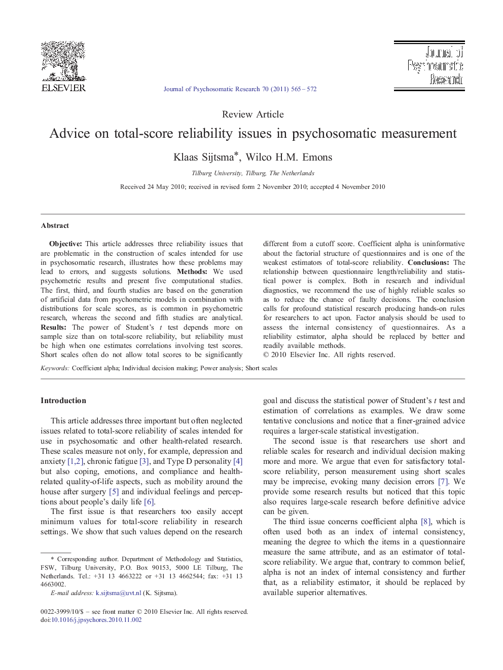 Advice on total-score reliability issues in psychosomatic measurement