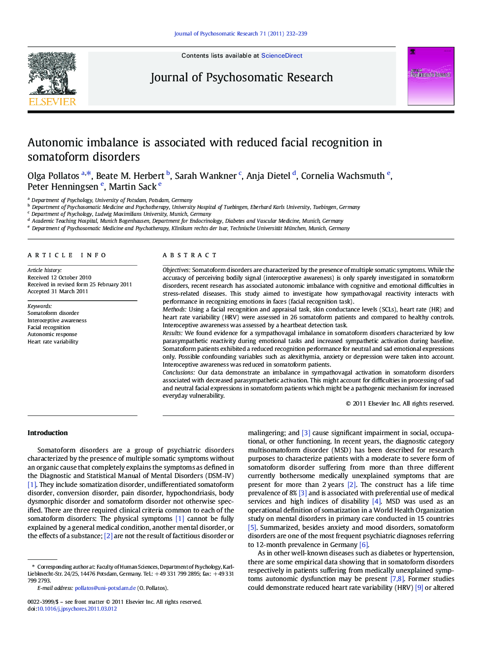 Autonomic imbalance is associated with reduced facial recognition in somatoform disorders