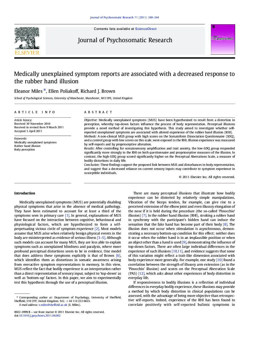 Medically unexplained symptom reports are associated with a decreased response to the rubber hand illusion