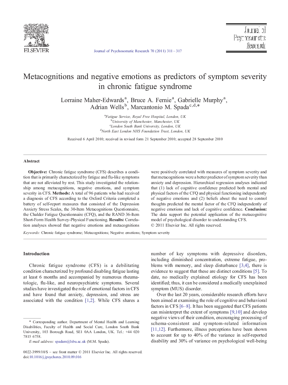 Metacognitions and negative emotions as predictors of symptom severity in chronic fatigue syndrome