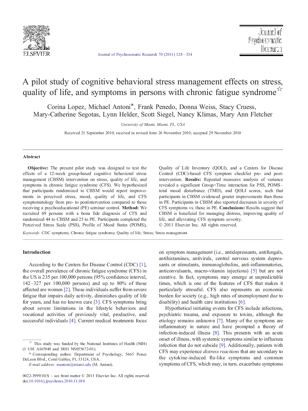 A pilot study of cognitive behavioral stress management effects on stress, quality of life, and symptoms in persons with chronic fatigue syndrome 