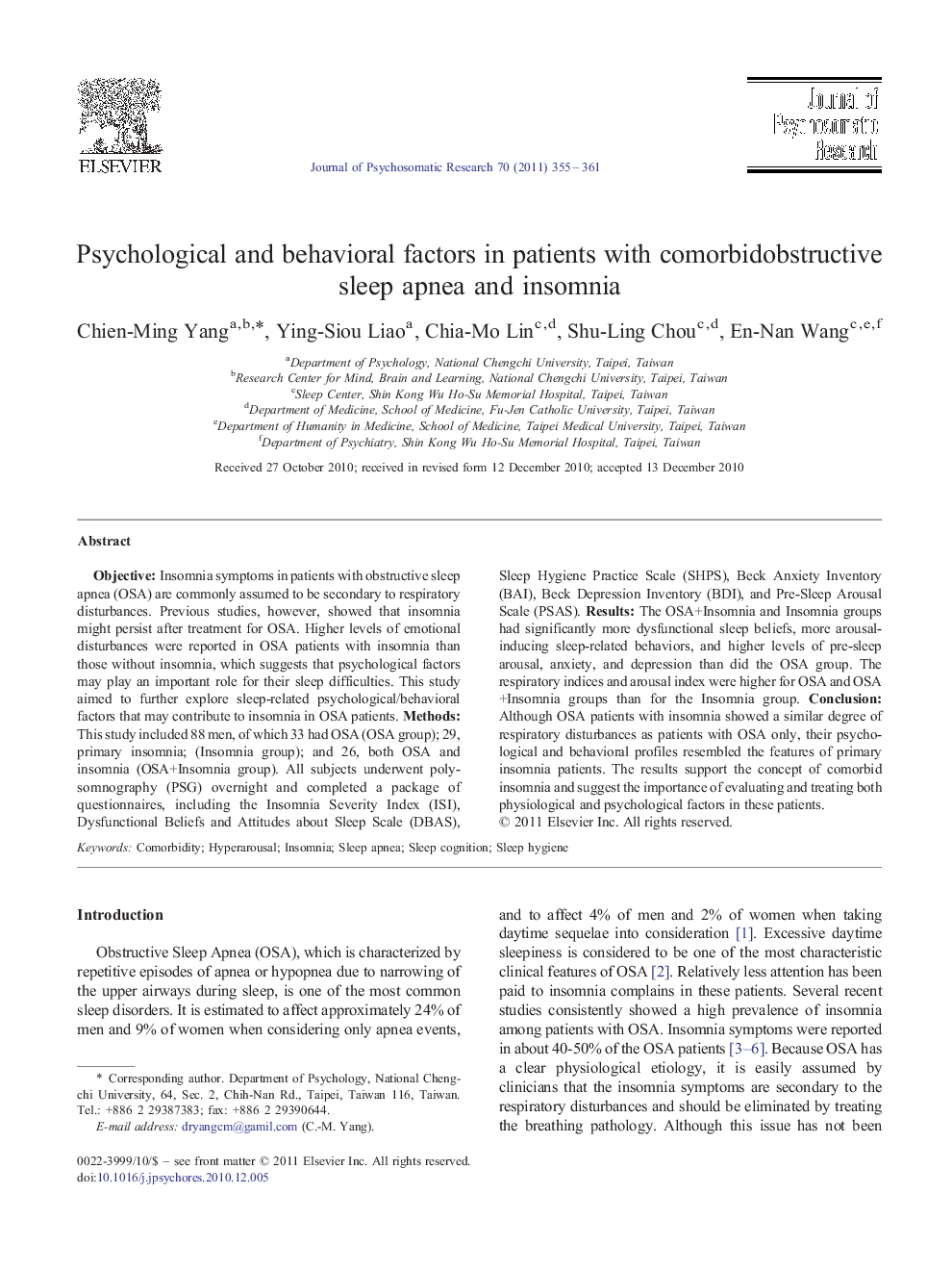 Psychological and behavioral factors in patients with comorbidobstructive sleep apnea and insomnia