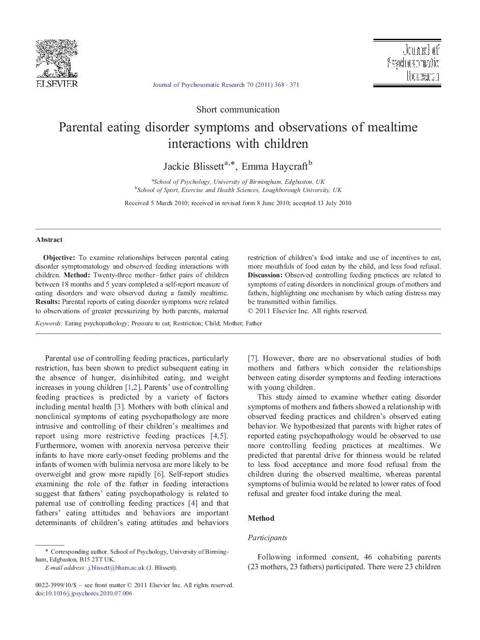 Parental eating disorder symptoms and observations of mealtime interactions with children