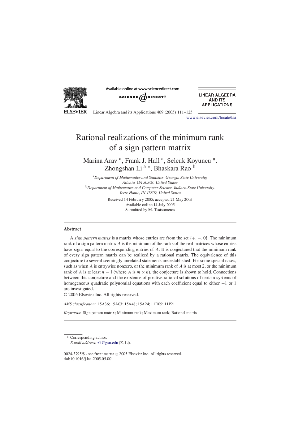 Rational realizations of the minimum rank of a sign pattern matrix