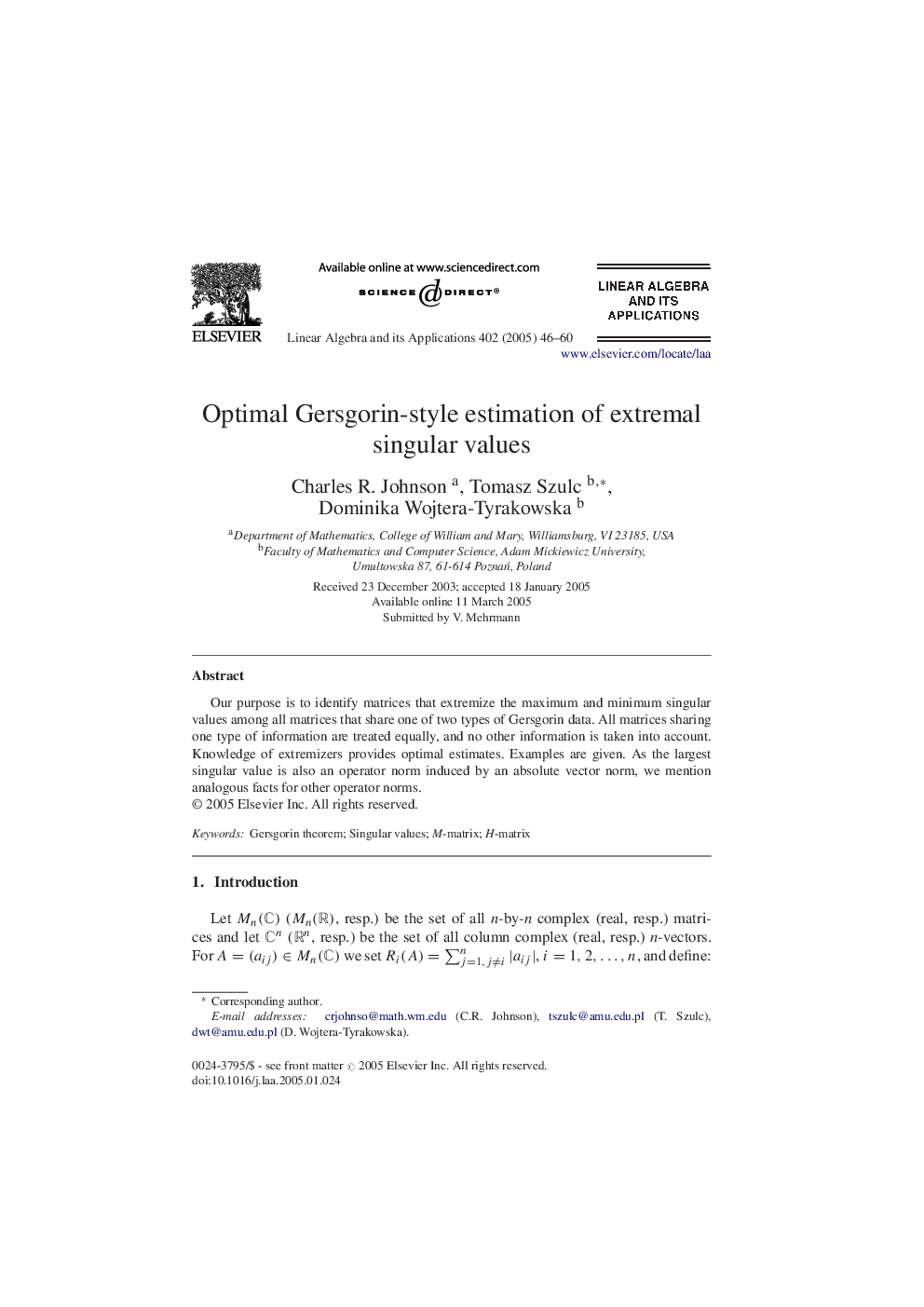 Optimal Gersgorin-style estimation of extremal singular values