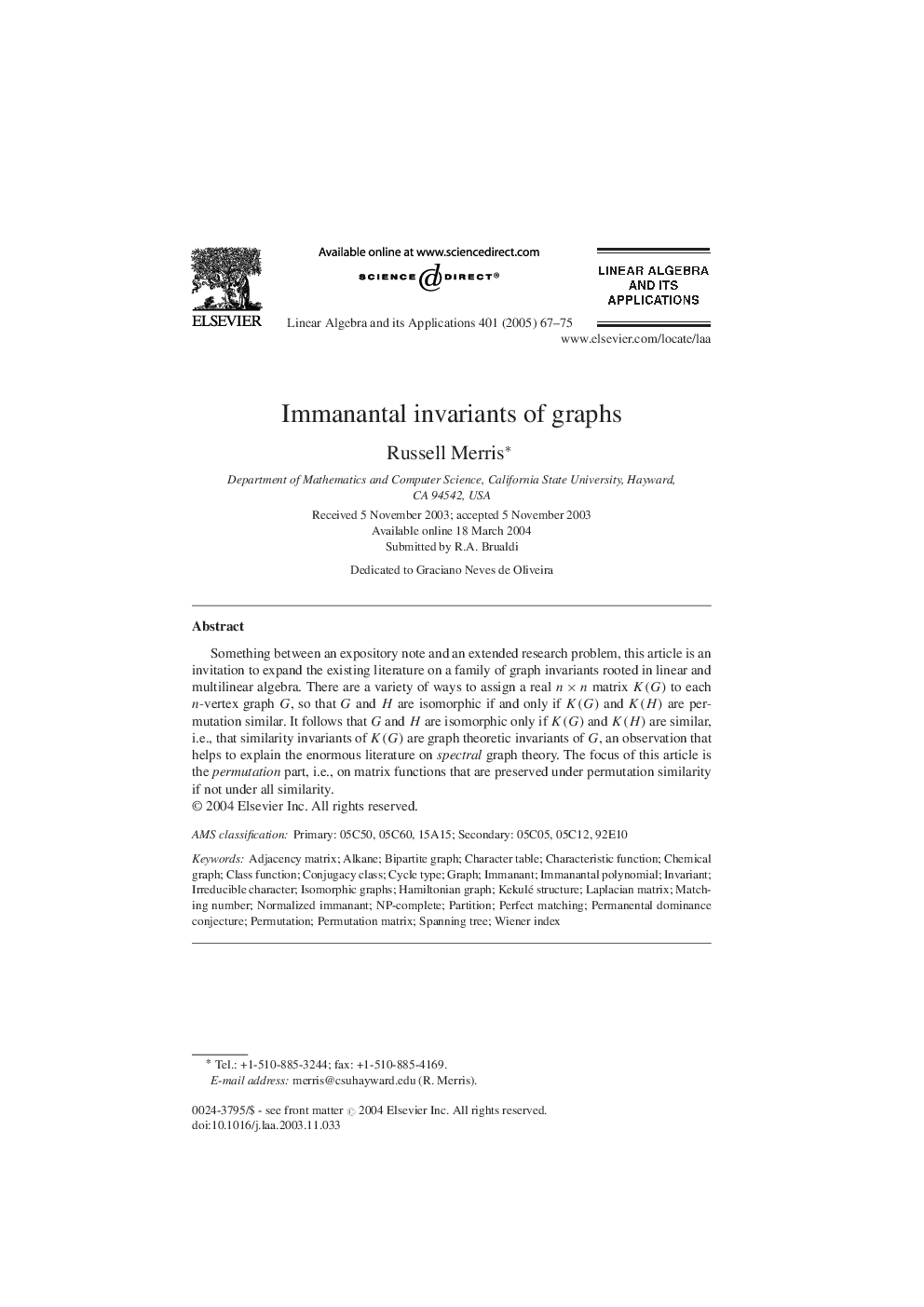 Immanantal invariants of graphs