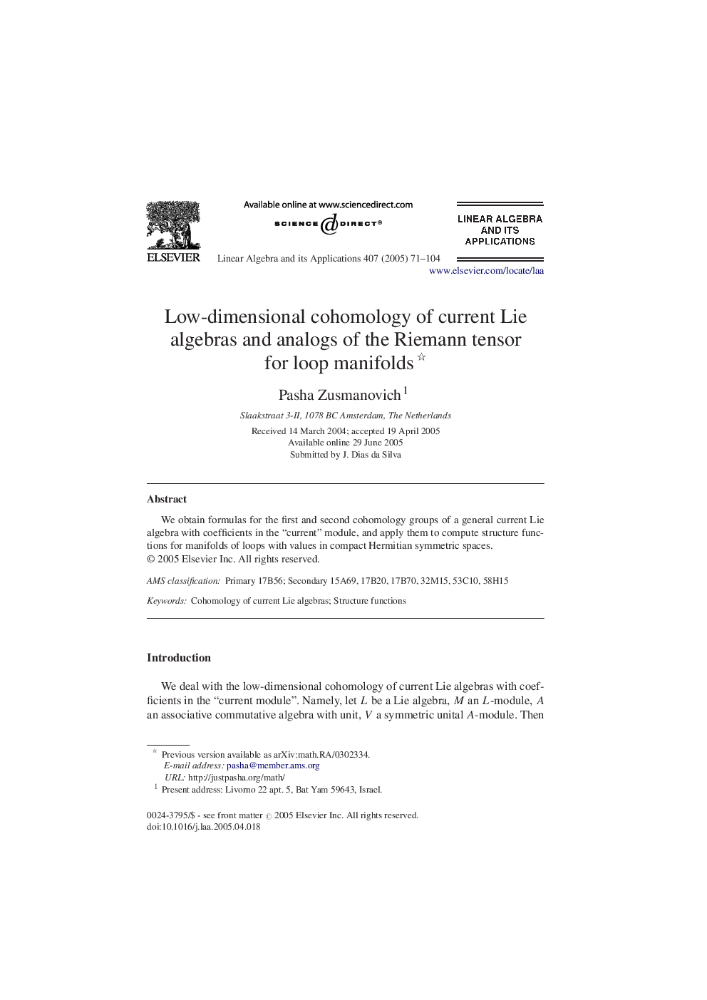 Low-dimensional cohomology of current Lie algebras and analogs of the Riemann tensor for loop manifolds