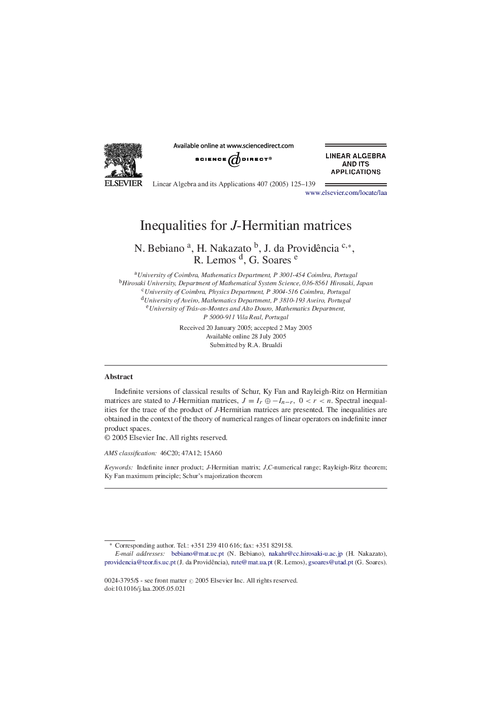 Inequalities for J-Hermitian matrices