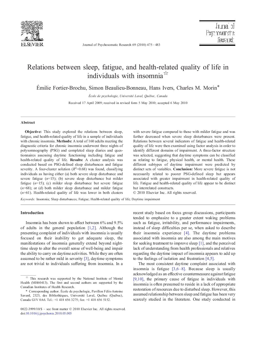 Relations between sleep, fatigue, and health-related quality of life in individuals with insomnia 