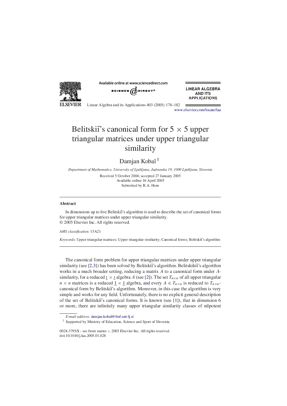 BelitskiÄ­'s canonical form for 5Â ÃÂ 5 upper triangular matrices under upper triangular similarity