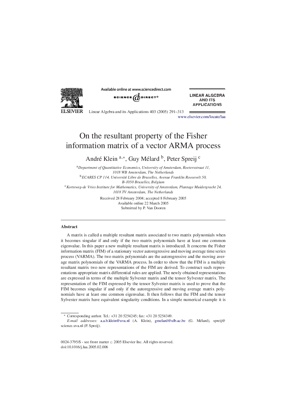 On the resultant property of the Fisher information matrix of a vector ARMA process