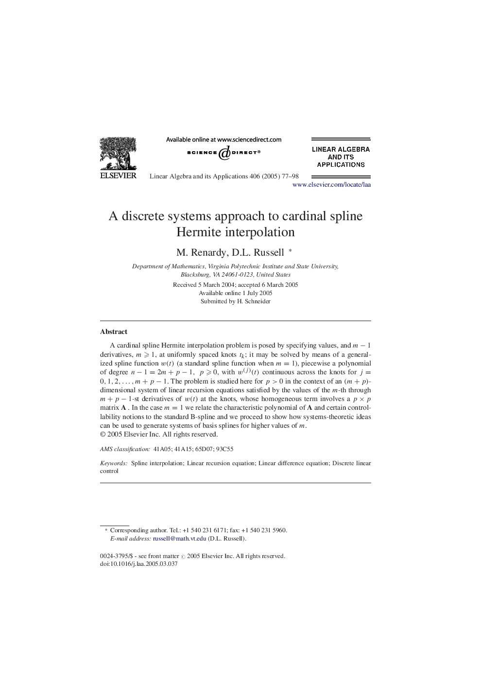 A discrete systems approach to cardinal spline Hermite interpolation