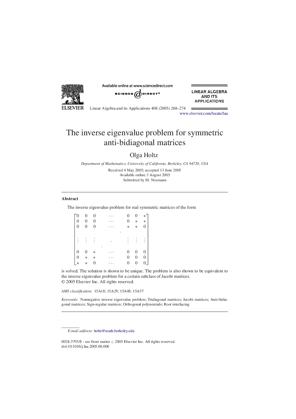 The inverse eigenvalue problem for symmetric anti-bidiagonal matrices