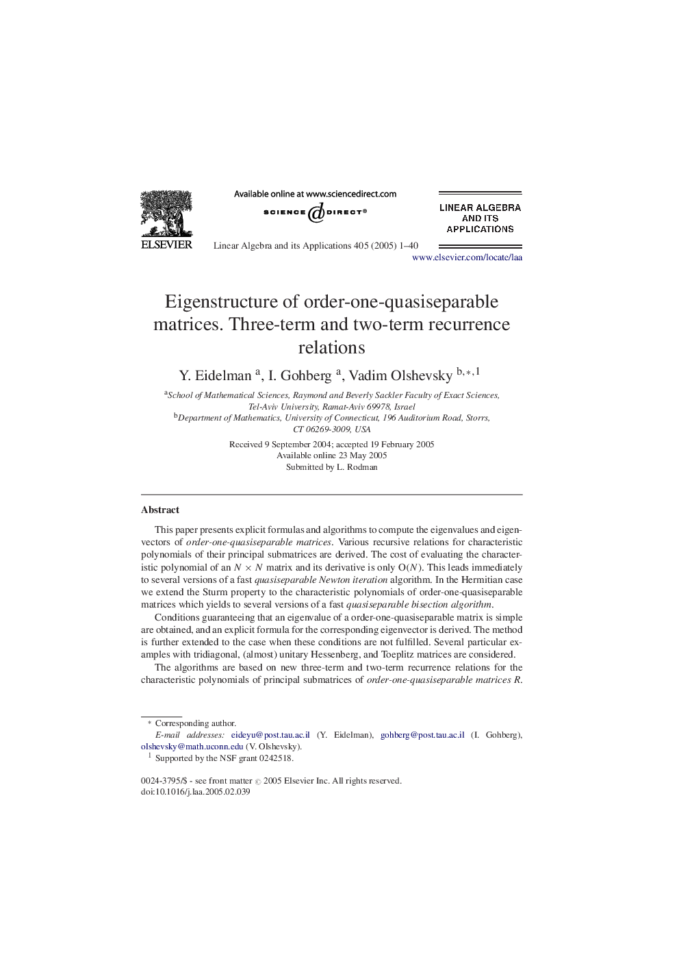 Eigenstructure of order-one-quasiseparable matrices. Three-term and two-term recurrence relations