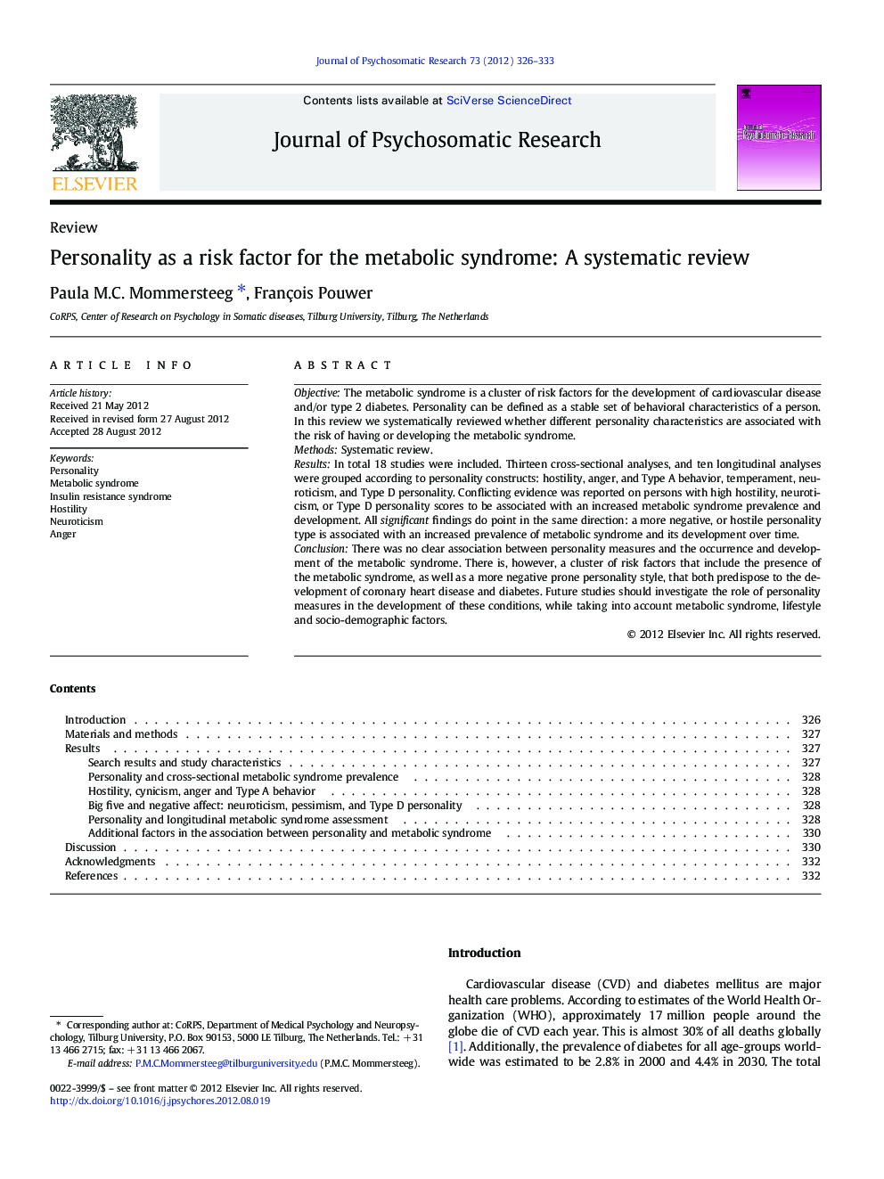 Personality as a risk factor for the metabolic syndrome: A systematic review