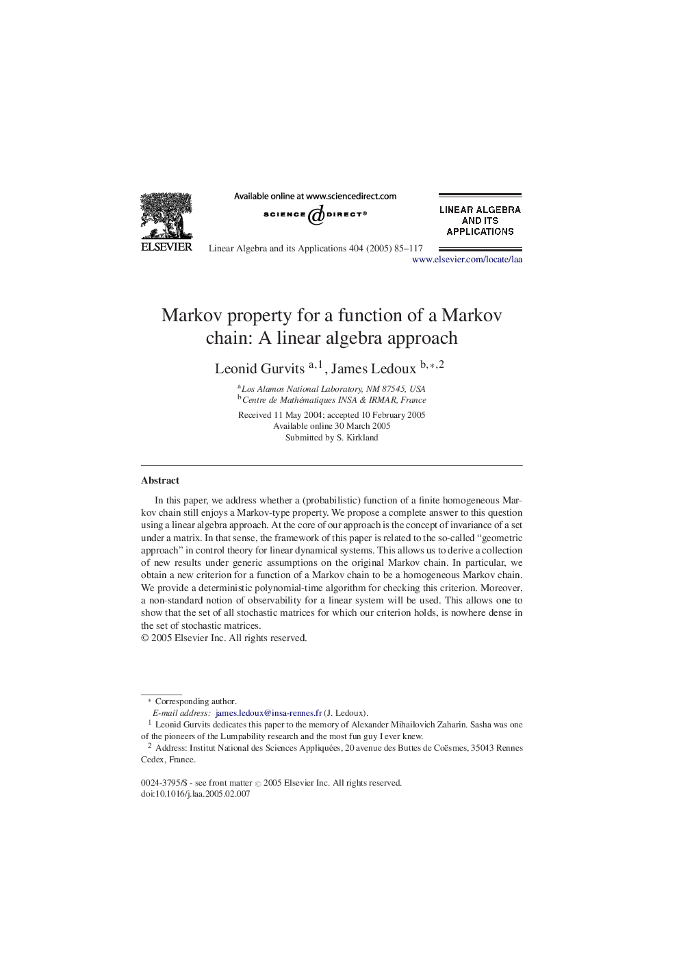 Markov property for a function of a Markov chain: A linear algebra approach