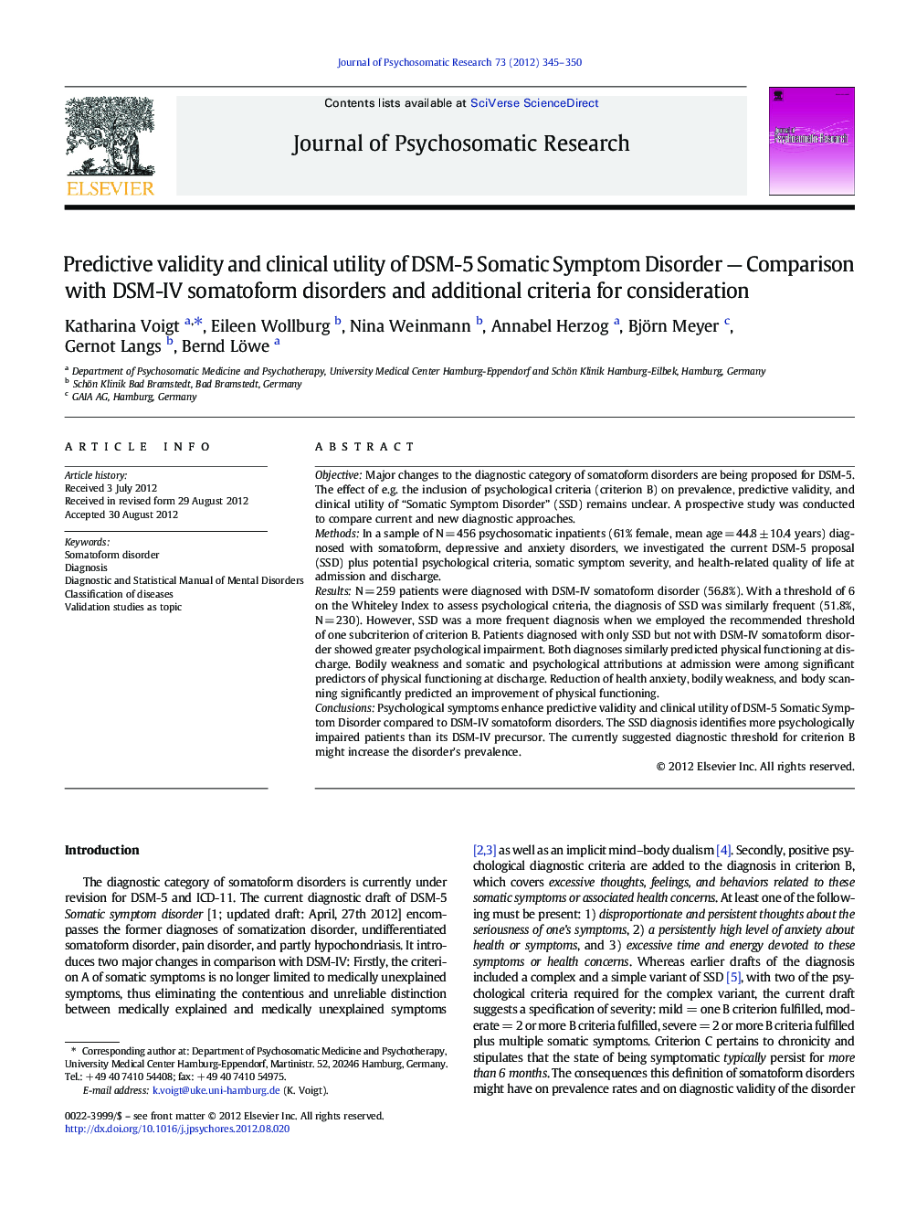 Predictive validity and clinical utility of DSM-5 Somatic Symptom Disorder — Comparison with DSM-IV somatoform disorders and additional criteria for consideration