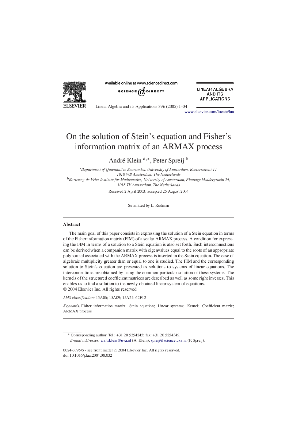 On the solution of Stein's equation and Fisher's information matrix of an ARMAX process