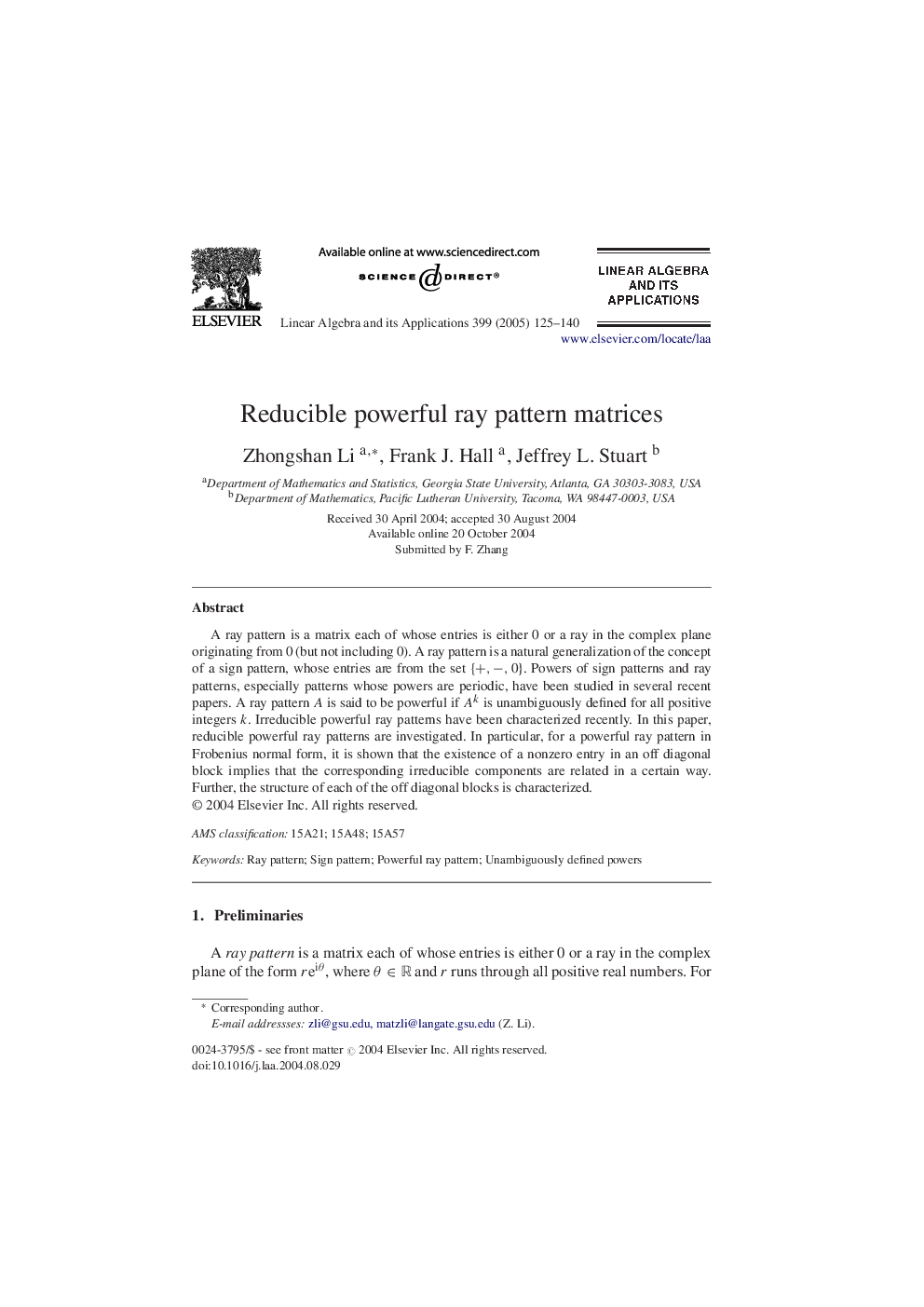 Reducible powerful ray pattern matrices