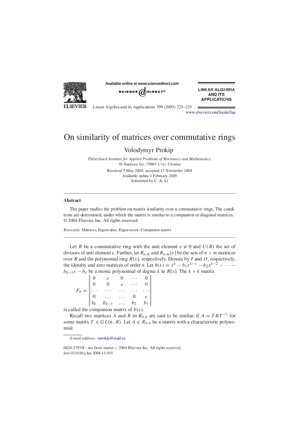 On similarity of matrices over commutative rings