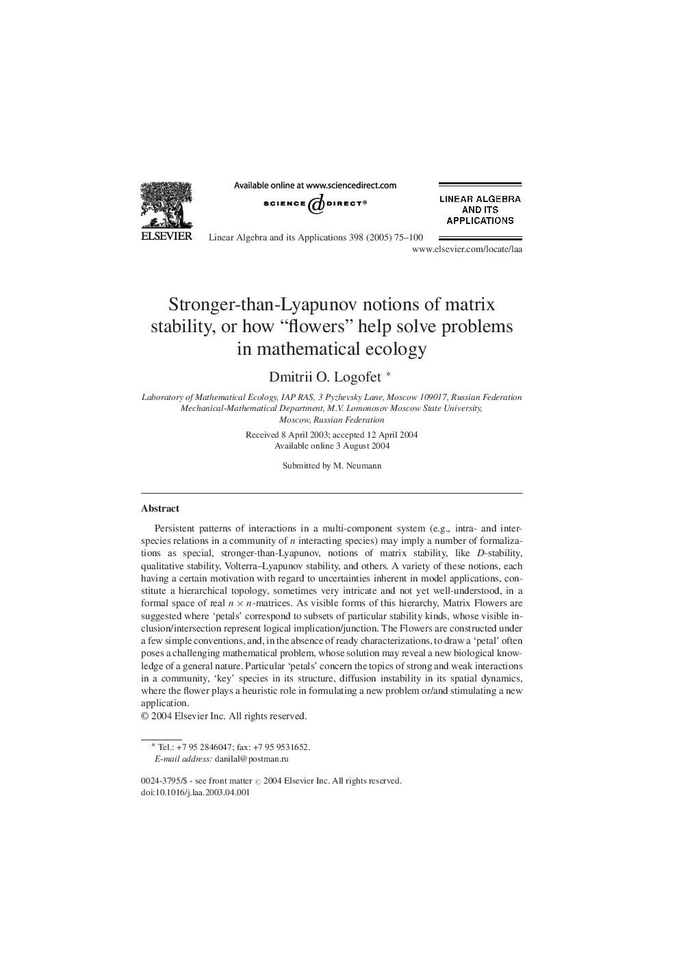 Stronger-than-Lyapunov notions of matrix stability, or how “flowers” help solve problems in mathematical ecology