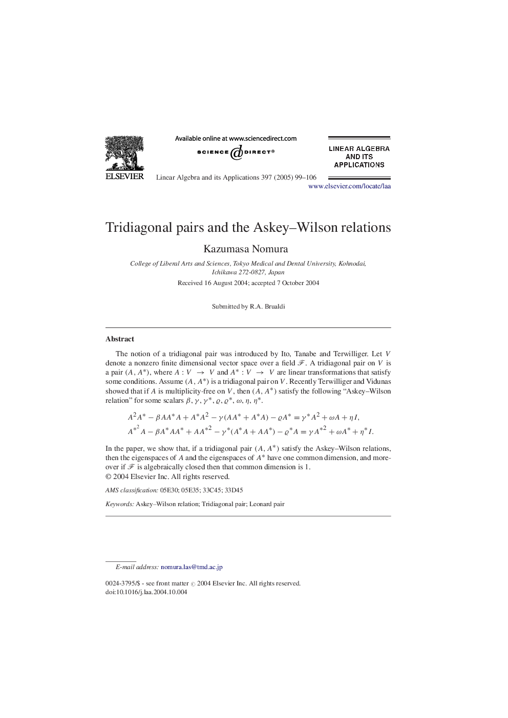 Tridiagonal pairs and the Askey-Wilson relations