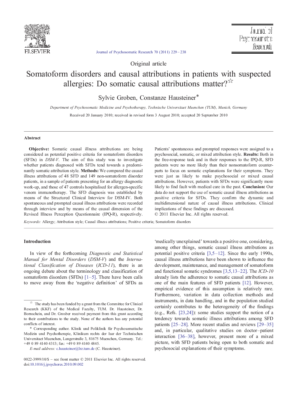 Somatoform disorders and causal attributions in patients with suspected allergies: Do somatic causal attributions matter? 