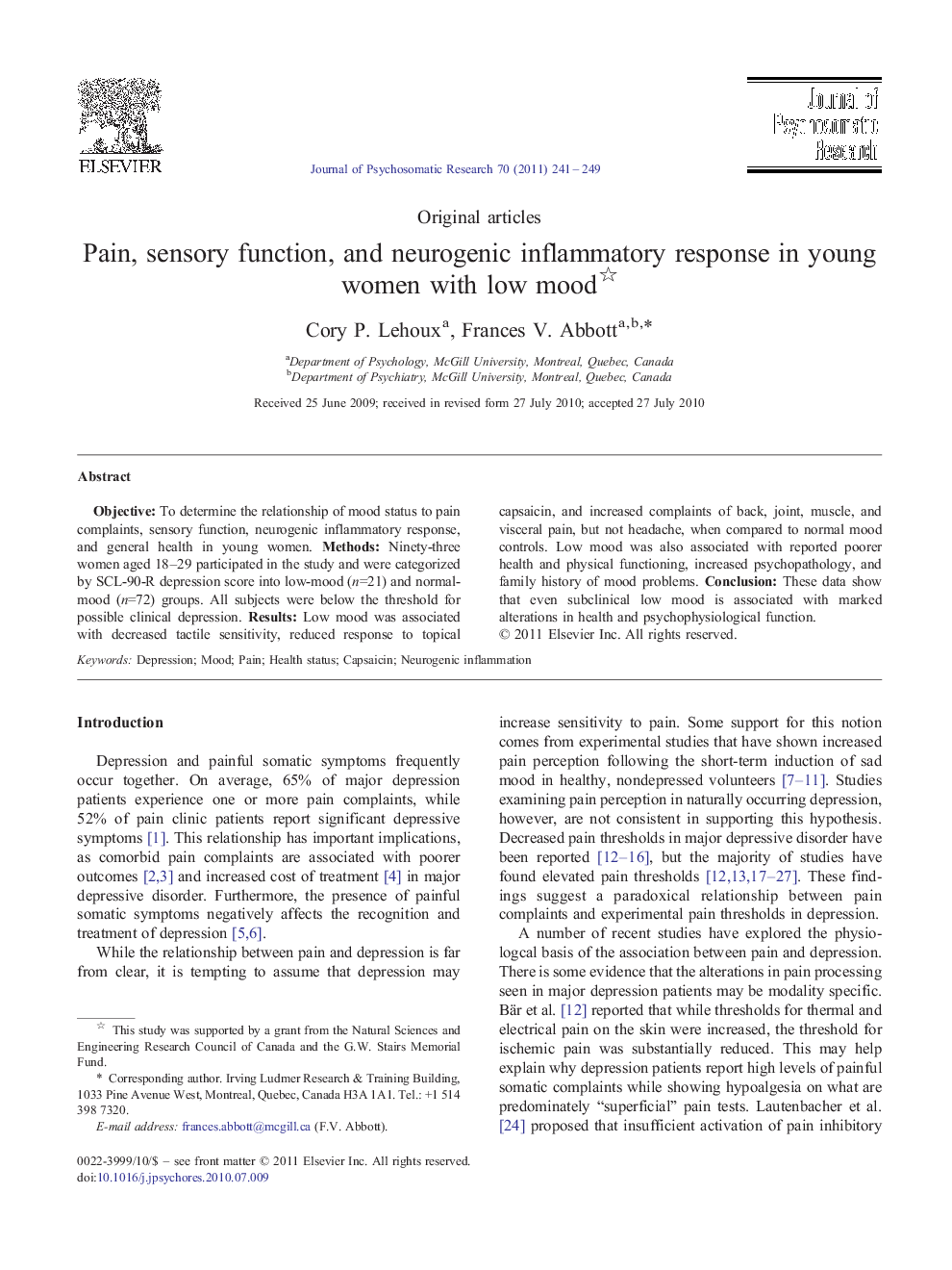 Pain, sensory function, and neurogenic inflammatory response in young women with low mood 