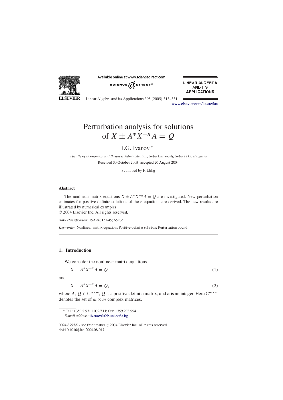 Perturbation analysis for solutions of XÂ Â±Â A*XânAÂ =Â Q