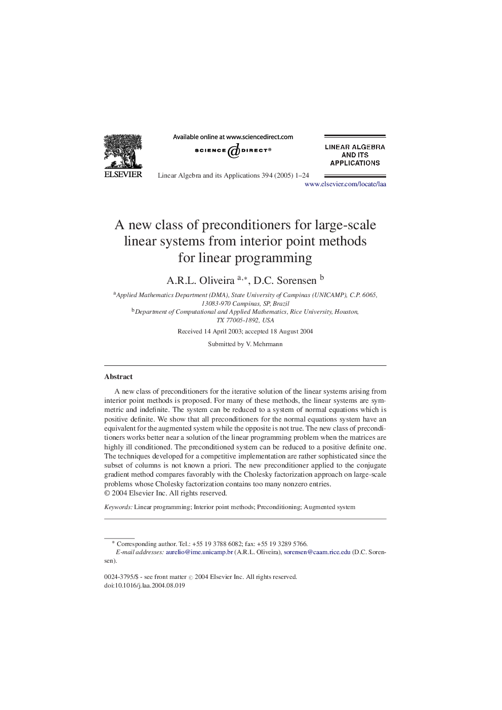 A new class of preconditioners for large-scale linear systems from interior point methods for linear programming