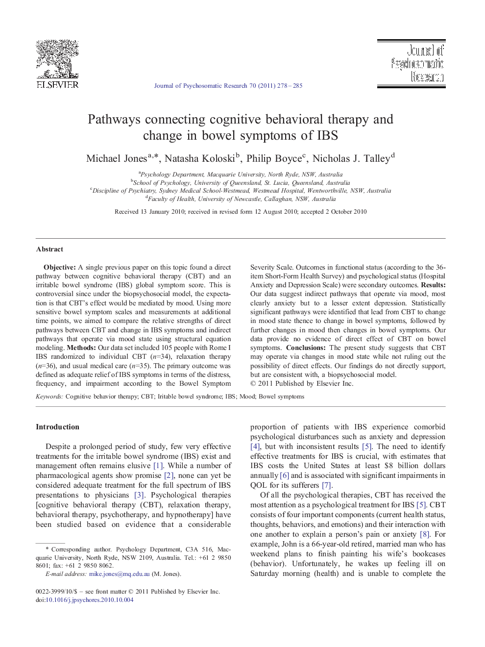 Pathways connecting cognitive behavioral therapy and change in bowel symptoms of IBS