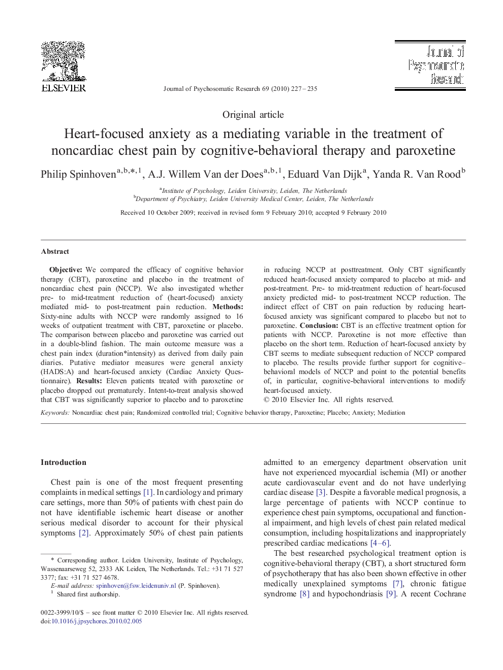 Heart-focused anxiety as a mediating variable in the treatment of noncardiac chest pain by cognitive-behavioral therapy and paroxetine