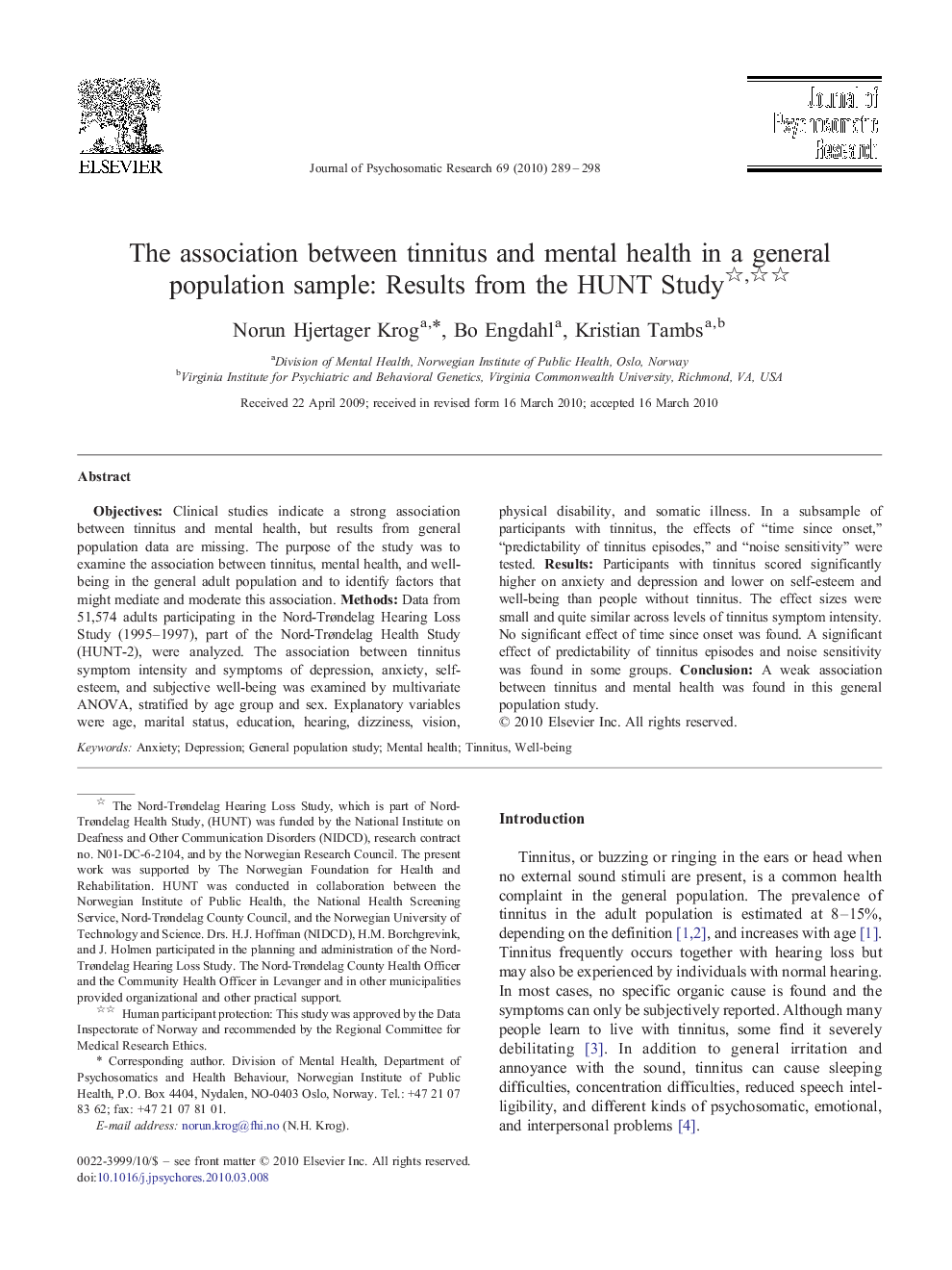 The association between tinnitus and mental health in a general population sample: Results from the HUNT Study 