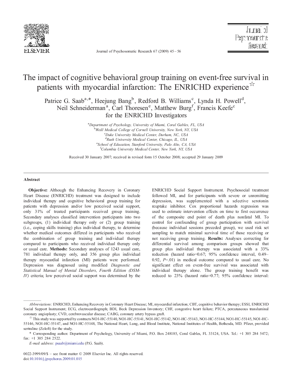 The impact of cognitive behavioral group training on event-free survival in patients with myocardial infarction: The ENRICHD experience 