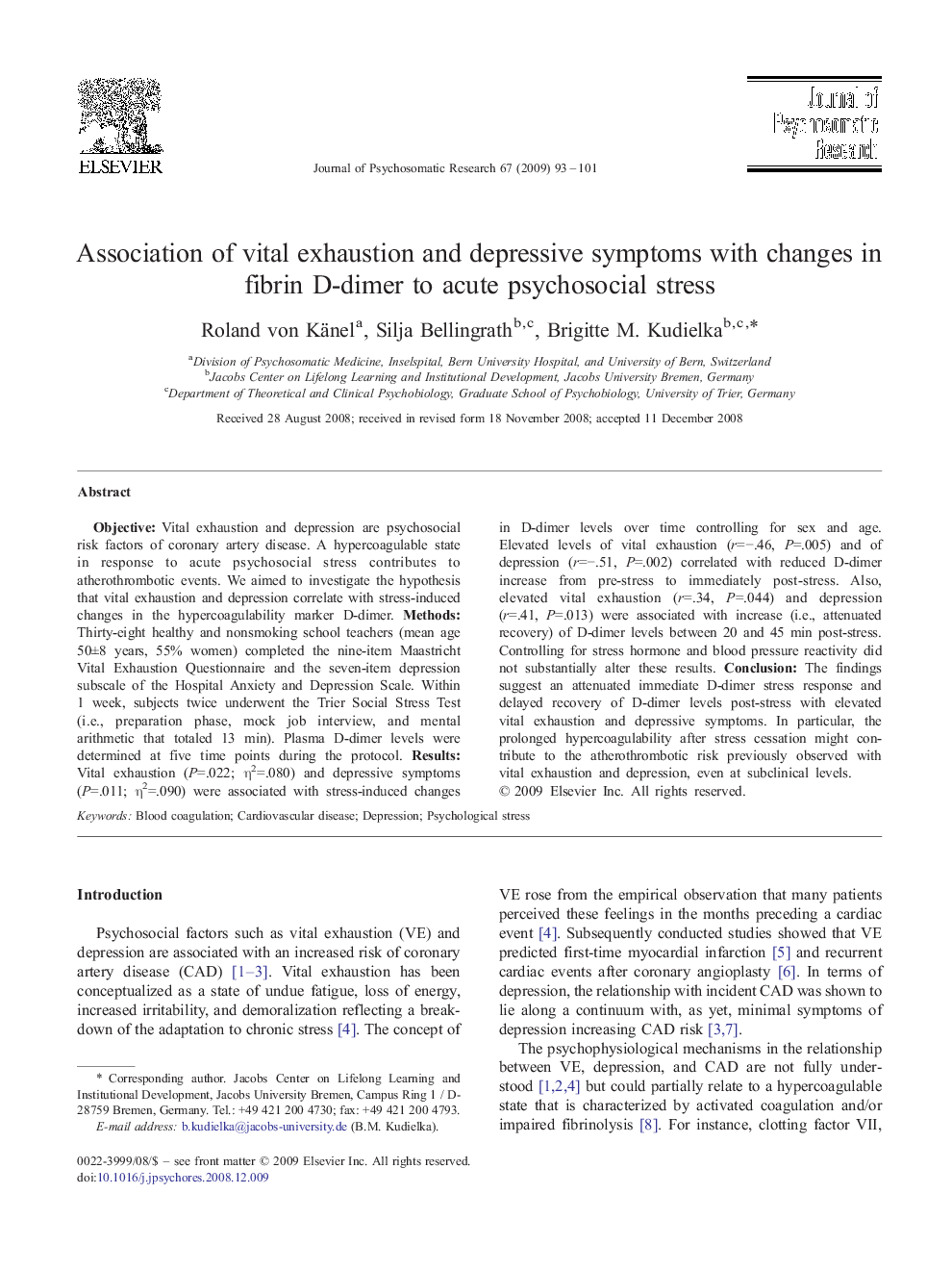 Association of vital exhaustion and depressive symptoms with changes in fibrin D-dimer to acute psychosocial stress