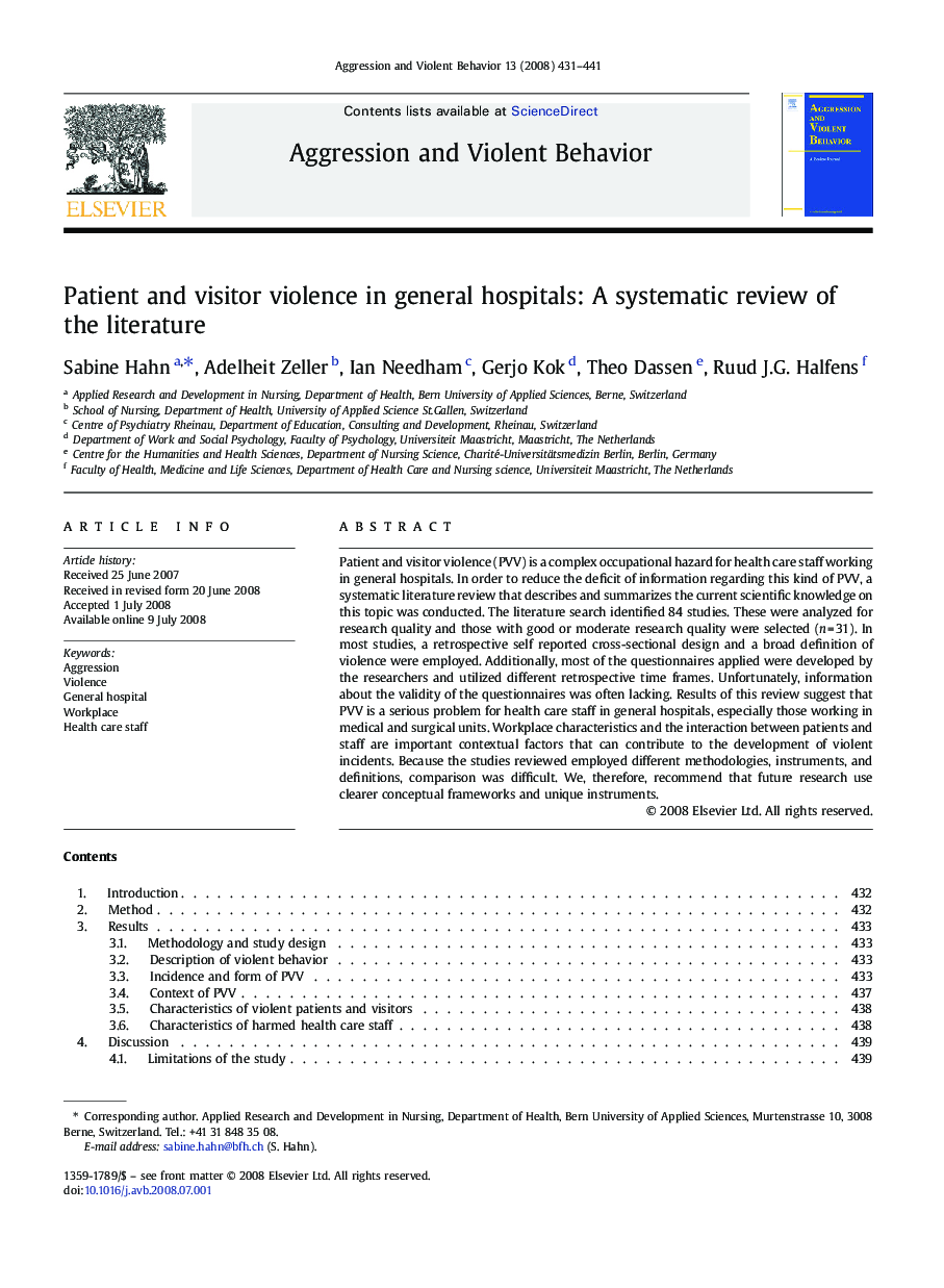 Patient and visitor violence in general hospitals: A systematic review of the literature