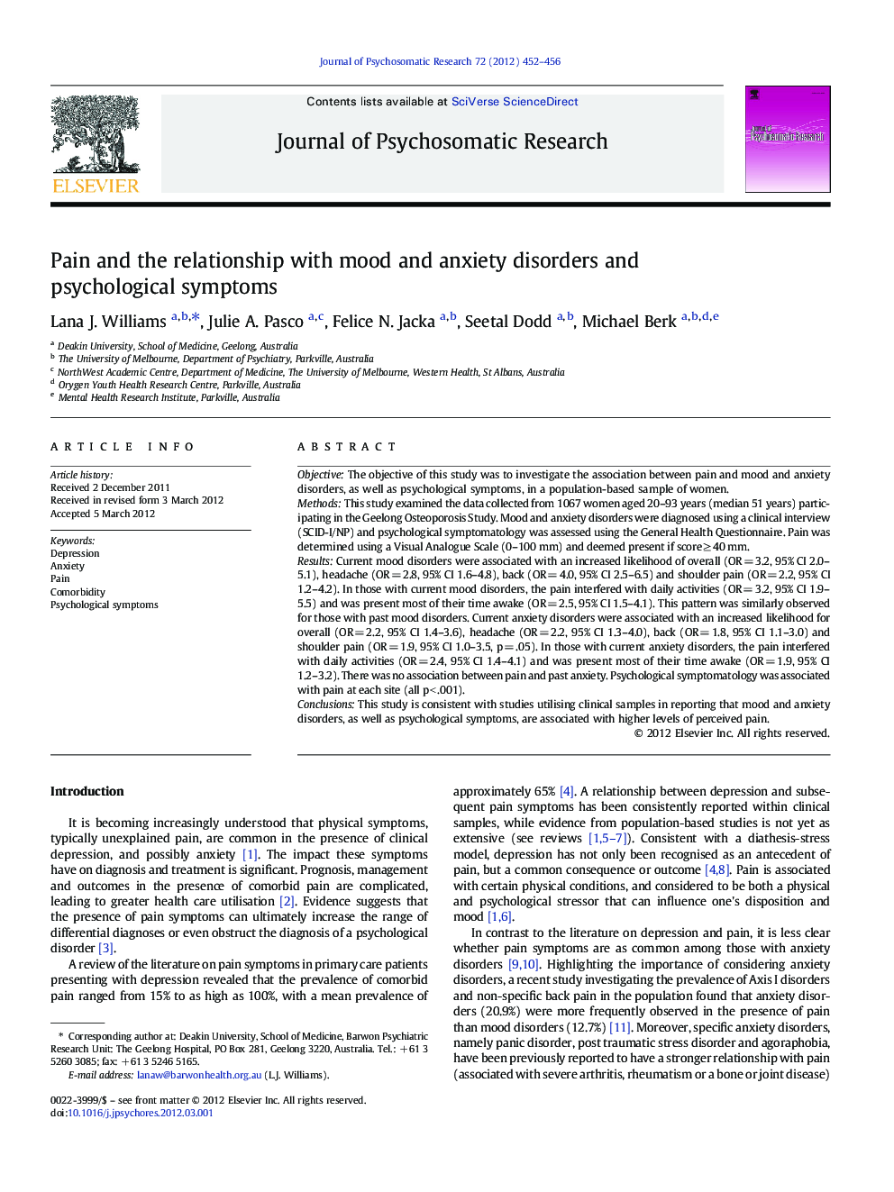 Pain and the relationship with mood and anxiety disorders and psychological symptoms