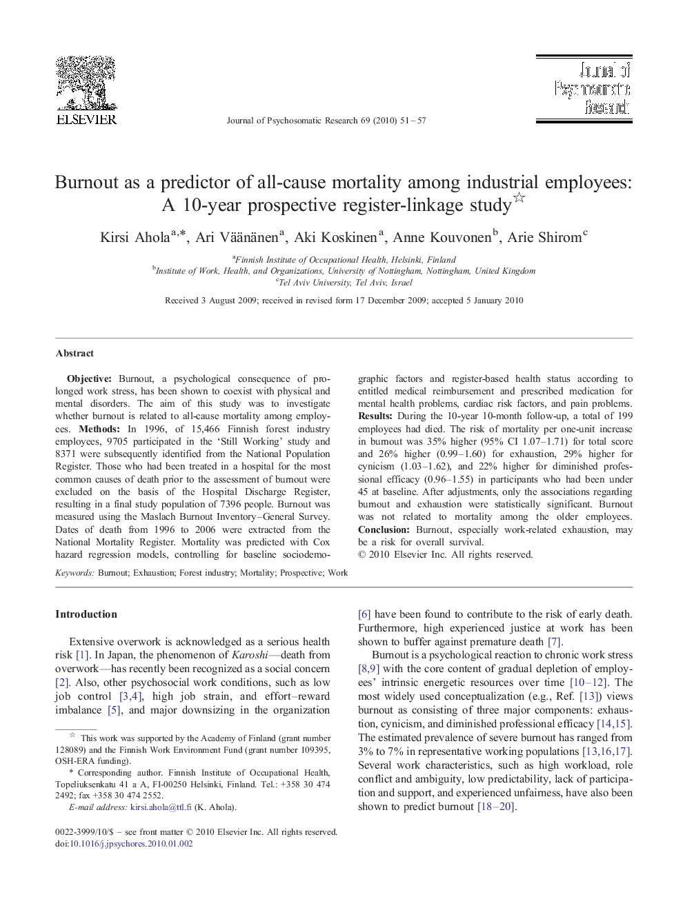 Burnout as a predictor of all-cause mortality among industrial employees: A 10-year prospective register-linkage study 