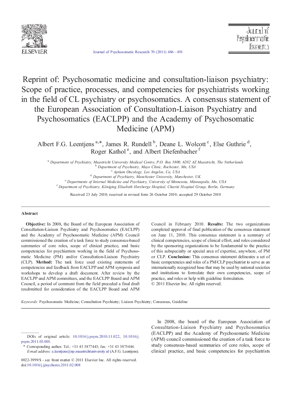 Reprint of: Psychosomatic medicine and consultation-liaison psychiatry: Scope of practice, processes, and competencies for psychiatrists working in the field of CL psychiatry or psychosomatics. A consensus statement of the European Association of Consulta