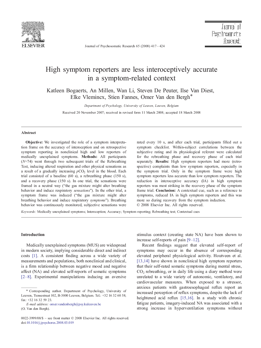 High symptom reporters are less interoceptively accurate in a symptom-related context