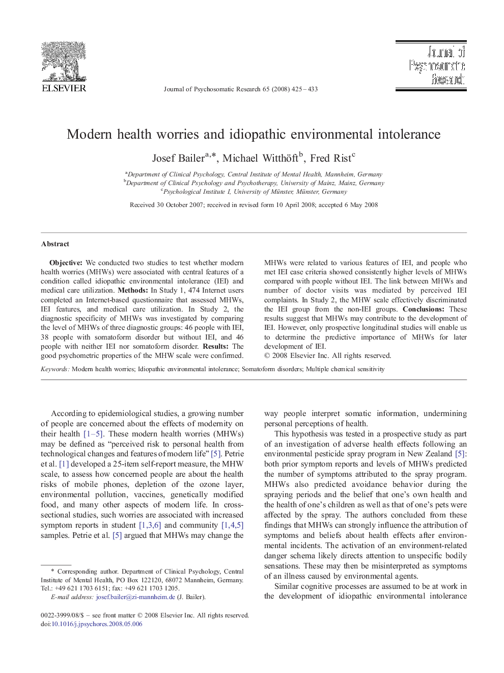 Modern health worries and idiopathic environmental intolerance