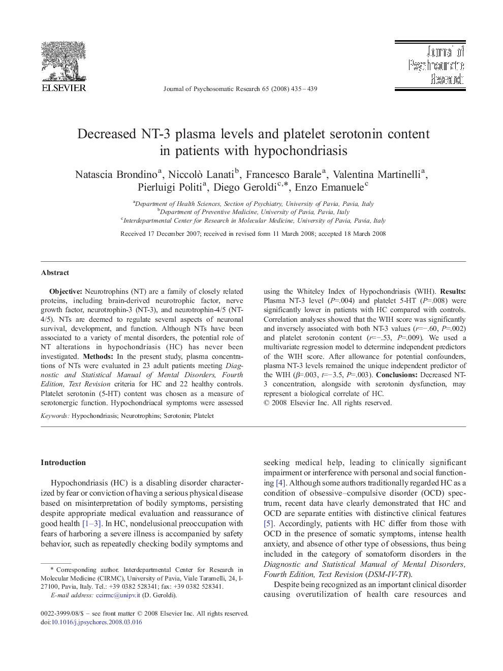 Decreased NT-3 plasma levels and platelet serotonin content in patients with hypochondriasis