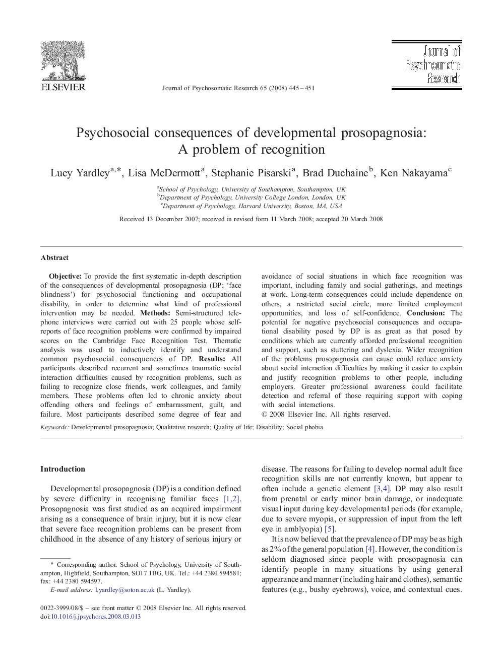 Psychosocial consequences of developmental prosopagnosia: A problem of recognition