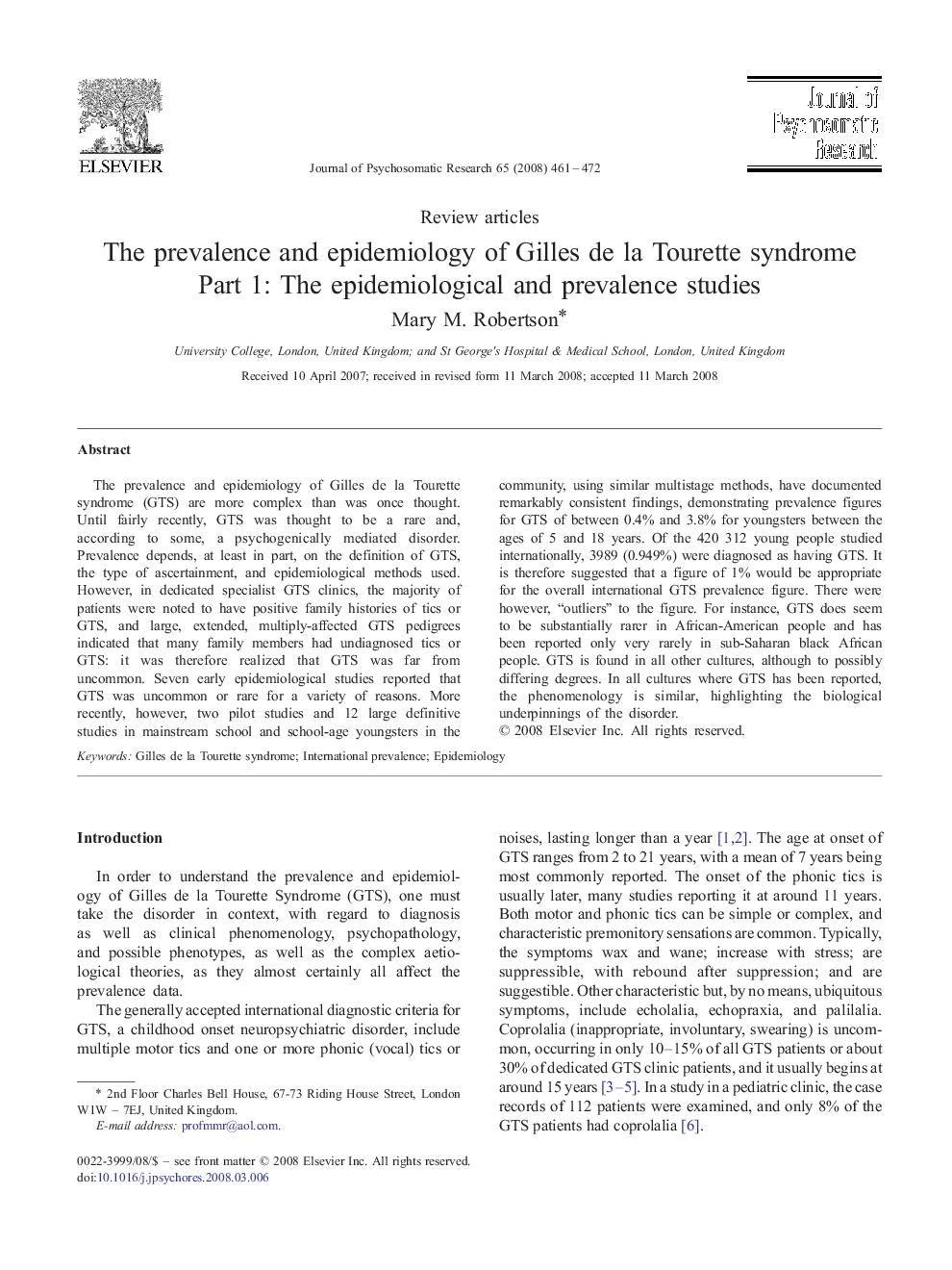 عکس صفحه اول مقاله: The prevalence and epidemiology of Gilles de la Tourette syndrome: Part 1: The epidemiological and prevalence studies The prevalence and epidemiology of Gilles de la Tourette syndrome: Part 1: The epidemiological and prevalence studies