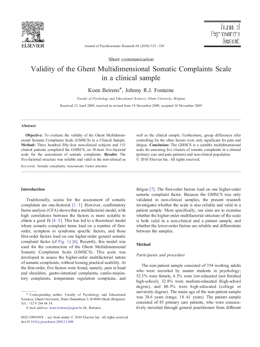 Validity of the Ghent Multidimensional Somatic Complaints Scale in a clinical sample