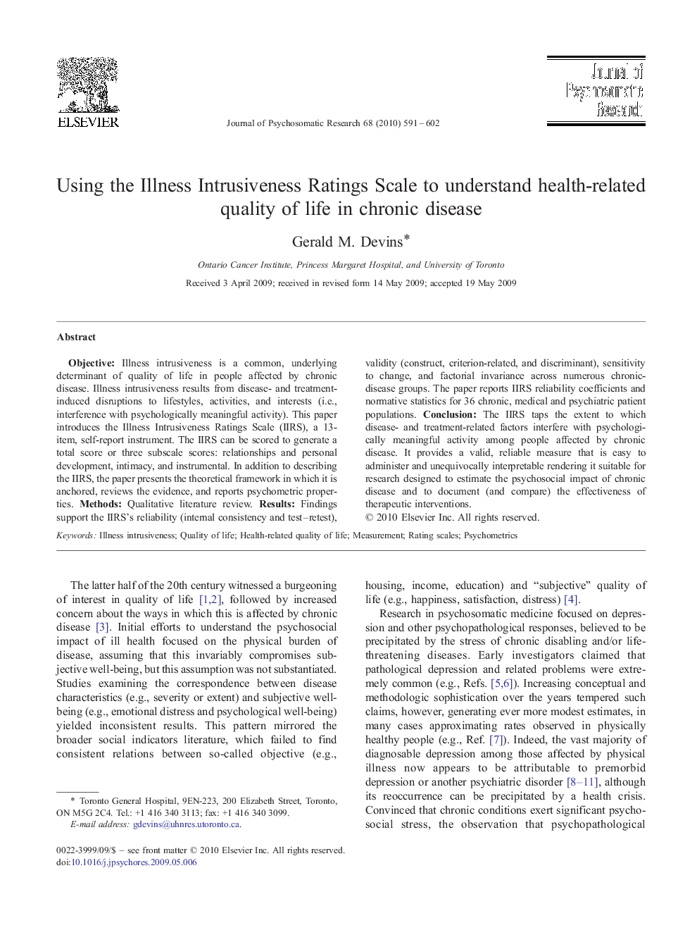 Using the Illness Intrusiveness Ratings Scale to understand health-related quality of life in chronic disease