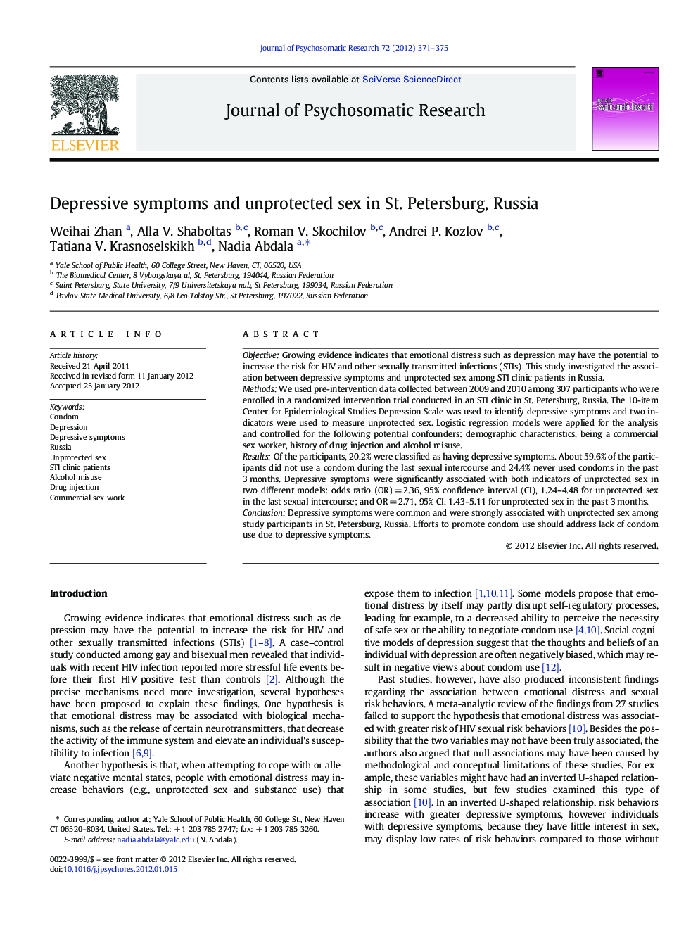 Depressive symptoms and unprotected sex in St. Petersburg, Russia